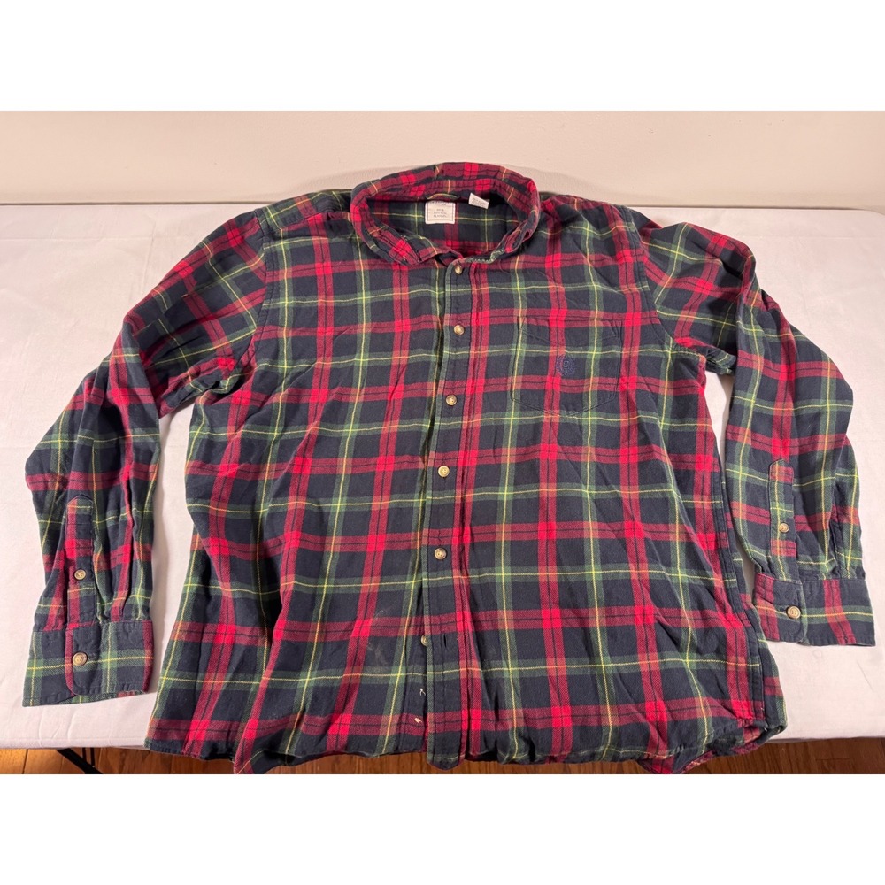 Chaps Mens Red Green Blue Plaid Brushed Cotton Flannel Button Down Shirt Large